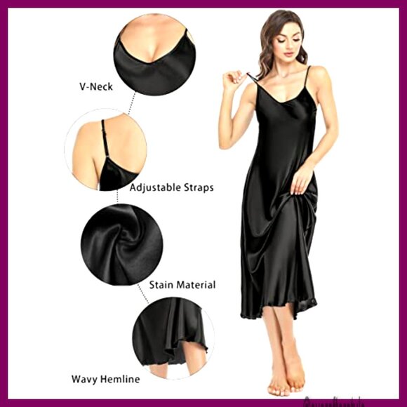 Satin Slip Dress Elegant Minimal Chic Sleepwear Nightgown Adjustable Straps - Picture 2 of 7